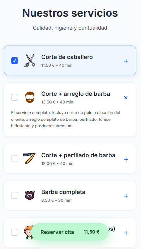 Pantalla de servicios seleccionados del sistema